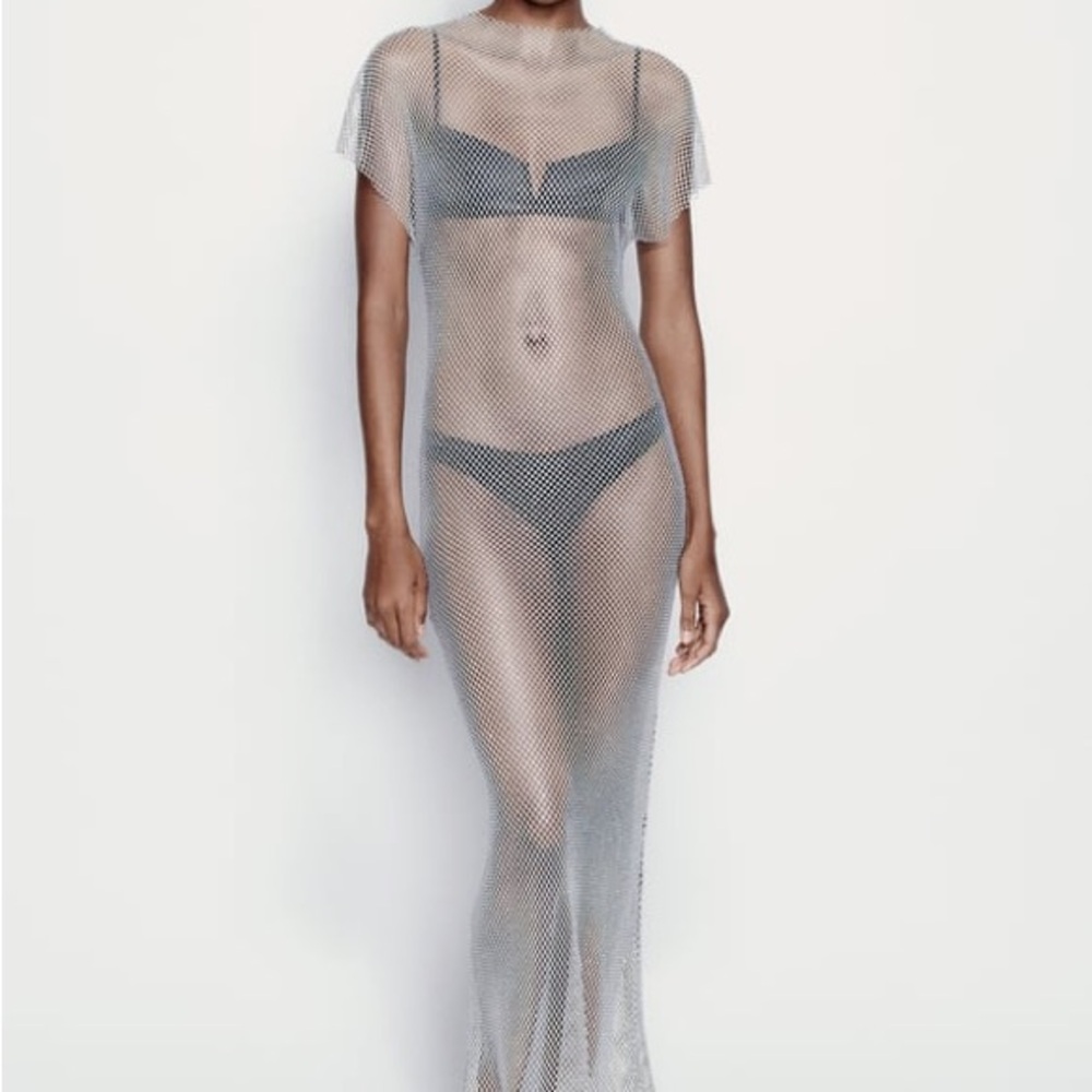 NWT Zara Silver Mesh Midi Dress